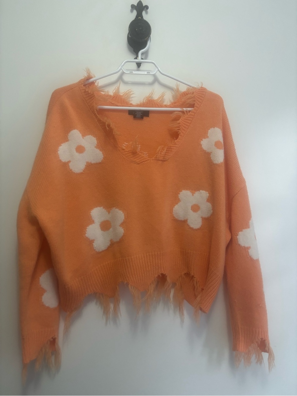 Women's Orange Floral Distressed Scoop-Neck Sweater